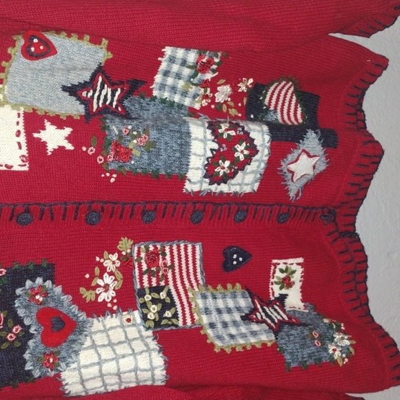 Heirloom Collectibles Knit Red Patchwork Patriotic Cardigan Cotton Blend S - Picture 3 of 8